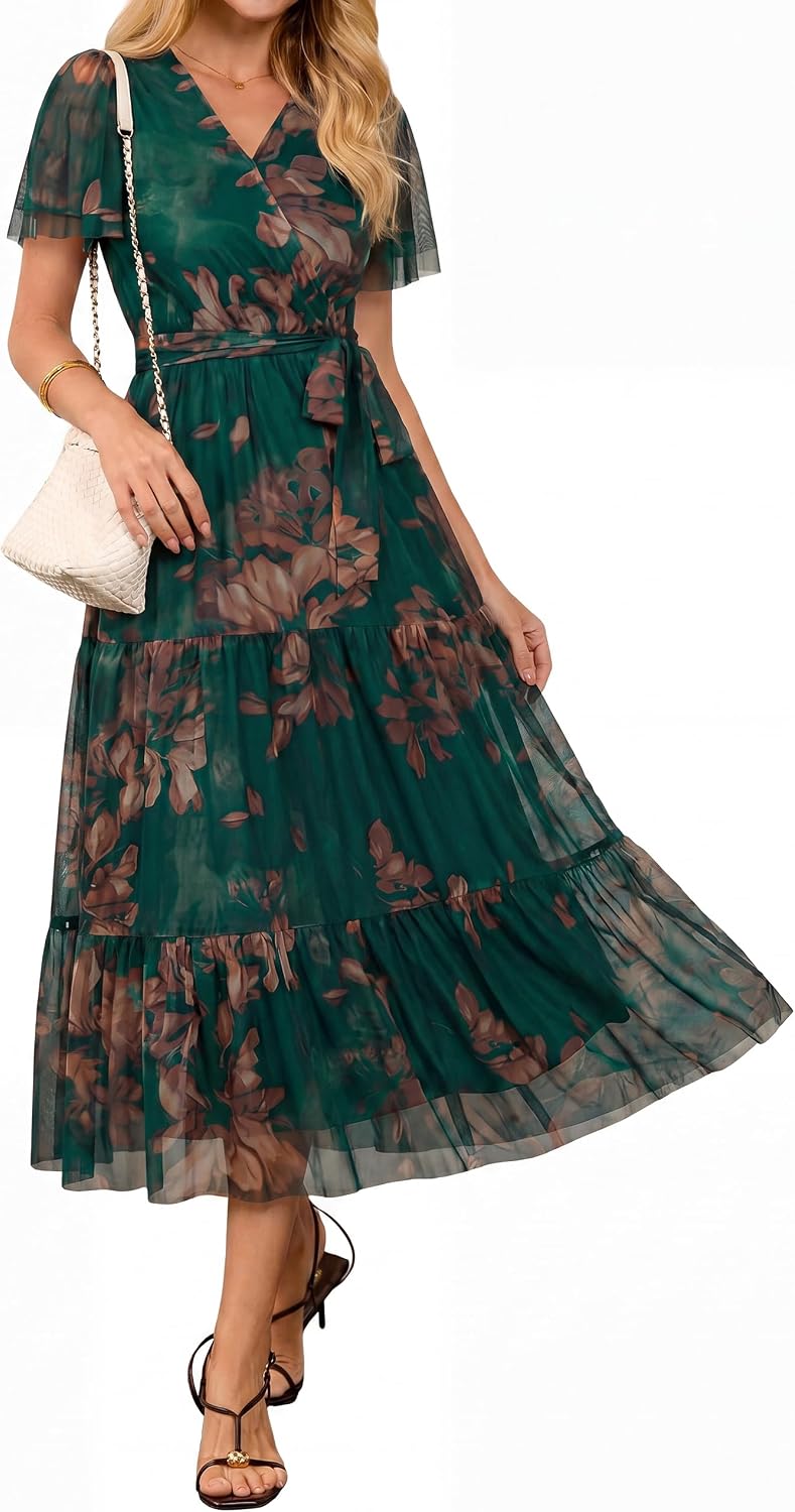 BerryGo Womens Summer Floral Maxi Dress Wedding Guest Casual Flowy Short Sleeve V Neck Boho Cocktail Dresses 2026