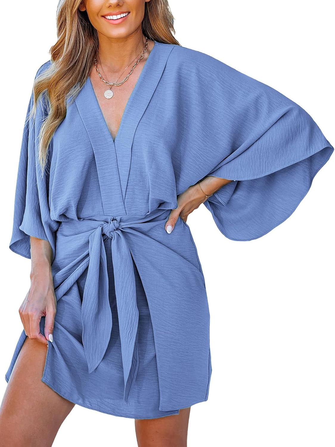 CUPSHE Women Summer Mini Dress V Neck Kimono Beachwear | Batwing Sleeve, Belted Flowy Loose Sundress, Vacation Resort Outfits, Casual Cover Up Dress, Holiday Trip, Fashion Clothes
