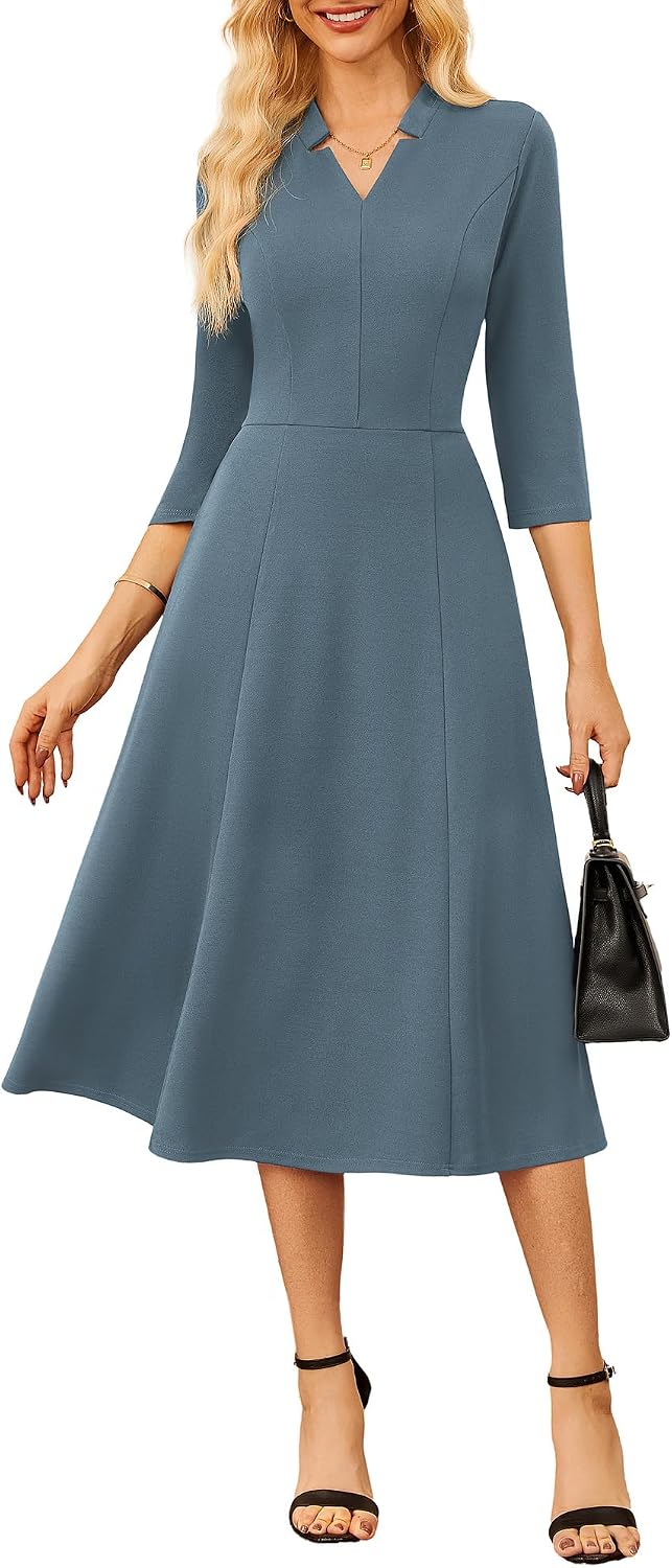 GRACE KARIN Women 3\/4 Sleeve Work Church Dress with Pocket | 2026 V Neck,Fit and Flare,A Line Midi Elegant Outfits for Office\/Funeral\/Business\/Cocktail\/Professional\/Spring\/Summer\/Fall