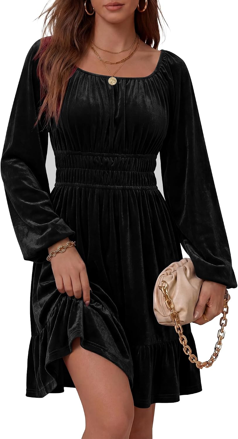 ANRABESS Women Long Lantern Sleeve Square Neck Fall Velvet Dress | Elastic Waist Ruffle Flowy Swing A-Line Short Mini Dresses Cocktail Formal Wedding Guest Holiday Party Winter Fashion Outfits