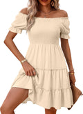 AUMORA Women's Summer Off Shoulder Dress Flowy Short Mini Dress | Square Neck Puff Sleeve A-Line Dress,Bohemian Beach Vacation Casual Dresses,Graduation Wedding Guest Sundresses