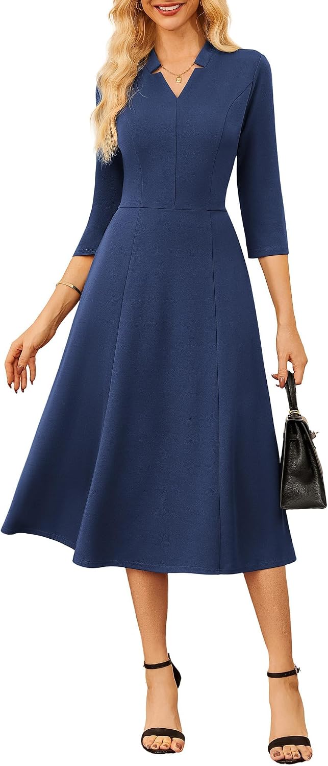 GRACE KARIN Women 3\/4 Sleeve Work Church Dress with Pocket | 2026 V Neck,Fit and Flare,A Line Midi Elegant Outfits for Office\/Funeral\/Business\/Cocktail\/Professional\/Spring\/Summer\/Fall