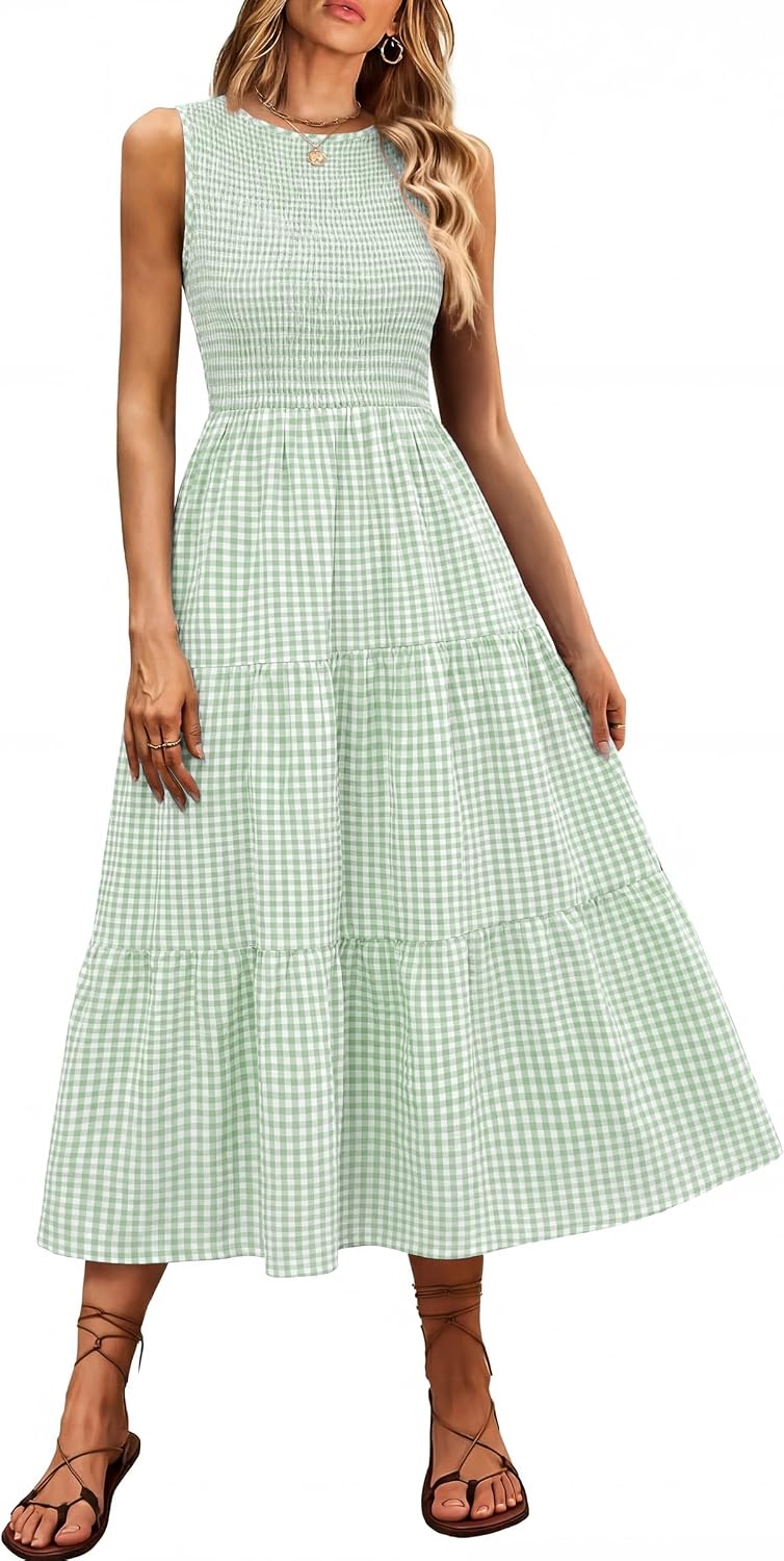 ANRABESS Womens Casual Summer Dress Gingham Smocked Midi Teacher Sundress | Plaid Sleeveless Crewneck Maxi Dresses with Pockets, Tiered Flowy A Line, Modest Checkered, Beach Vacation Outfits