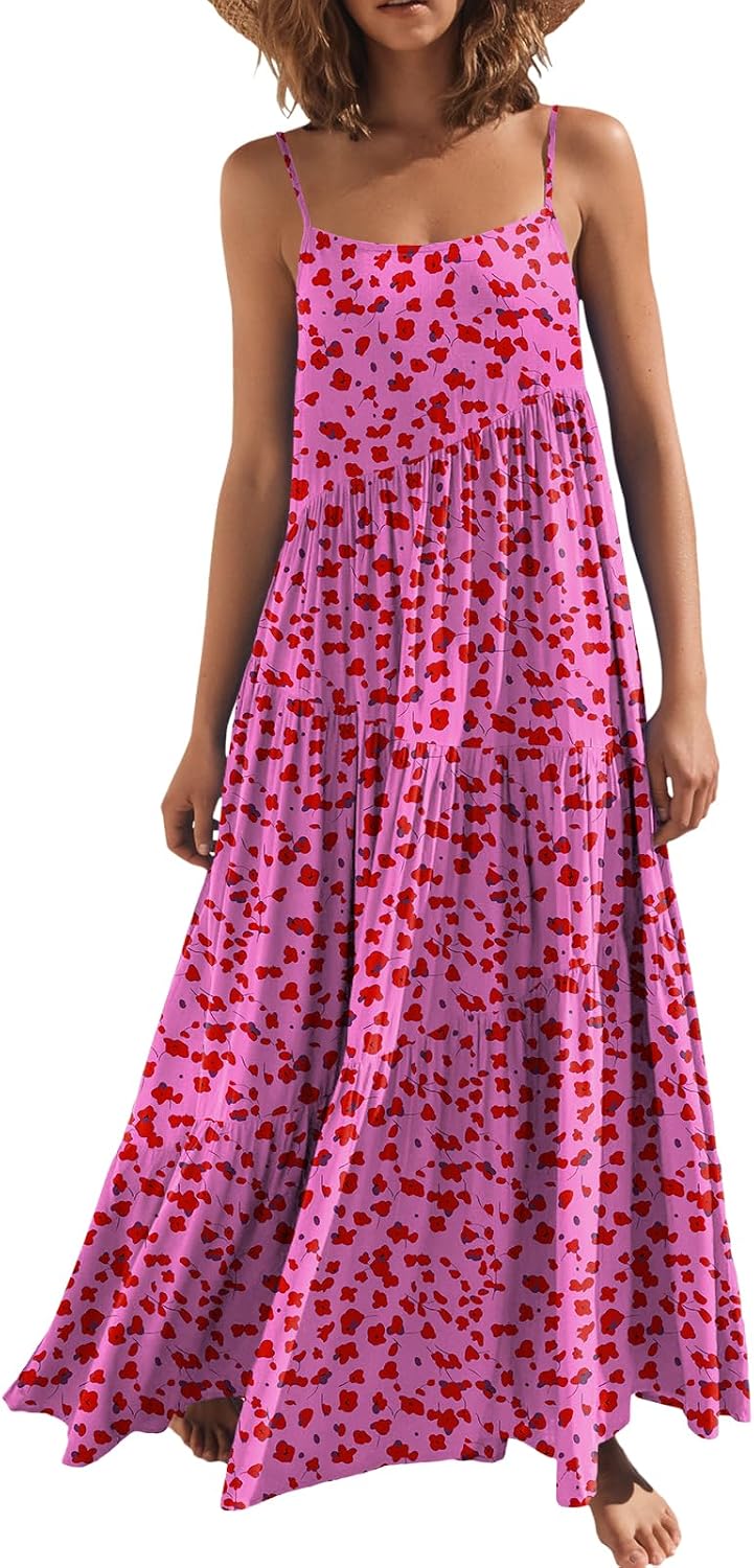 ANRABESS Women Summer Sleeveless Maxi Dress Flowy Boho Beach Sundress | Linen Like Fabric, Floral Casual Spaghetti Strap Long Dresses, A-Line Asymmetrical Tiered Loose Travel Vacation Outfits