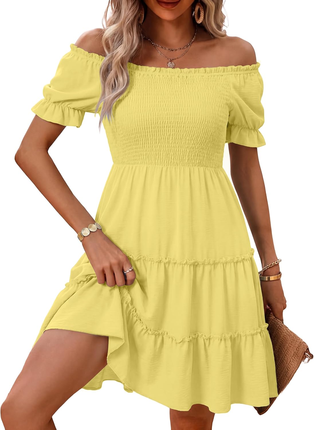 AUMORA Women's Summer Off Shoulder Dress Flowy Short Mini Dress | Square Neck Puff Sleeve A-Line Dress,Bohemian Beach Vacation Casual Dresses,Graduation Wedding Guest Sundresses