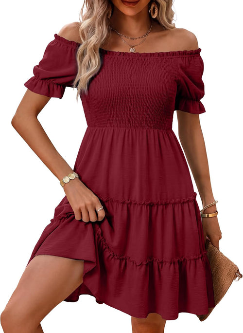 AUMORA Women's Summer Off Shoulder Dress Flowy Short Mini Dress | Square Neck Puff Sleeve A-Line Dress,Bohemian Beach Vacation Casual Dresses,Graduation Wedding Guest Sundresses