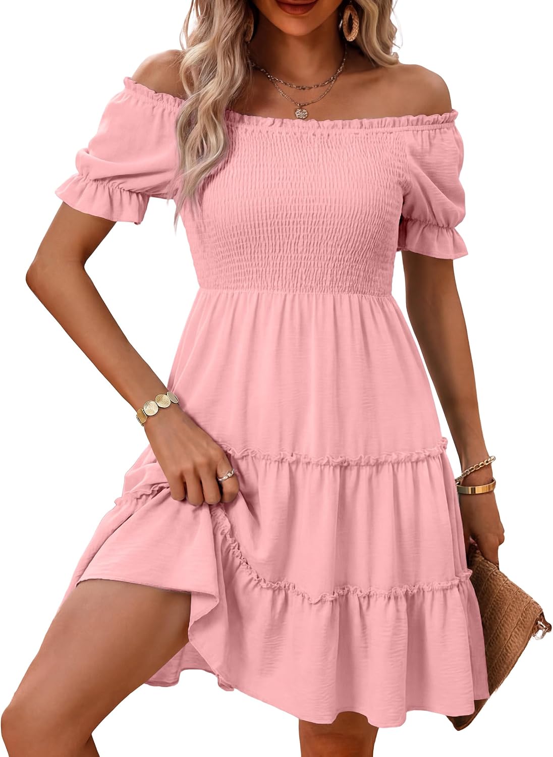 AUMORA Women's Summer Off Shoulder Dress Flowy Short Mini Dress | Square Neck Puff Sleeve A-Line Dress,Bohemian Beach Vacation Casual Dresses,Graduation Wedding Guest Sundresses