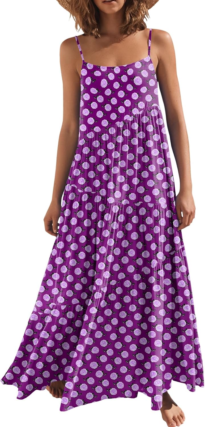 ANRABESS Women Summer Sleeveless Maxi Dress Flowy Boho Beach Sundress | Linen Like Fabric, Floral Casual Spaghetti Strap Long Dresses, A-Line Asymmetrical Tiered Loose Travel Vacation Outfits