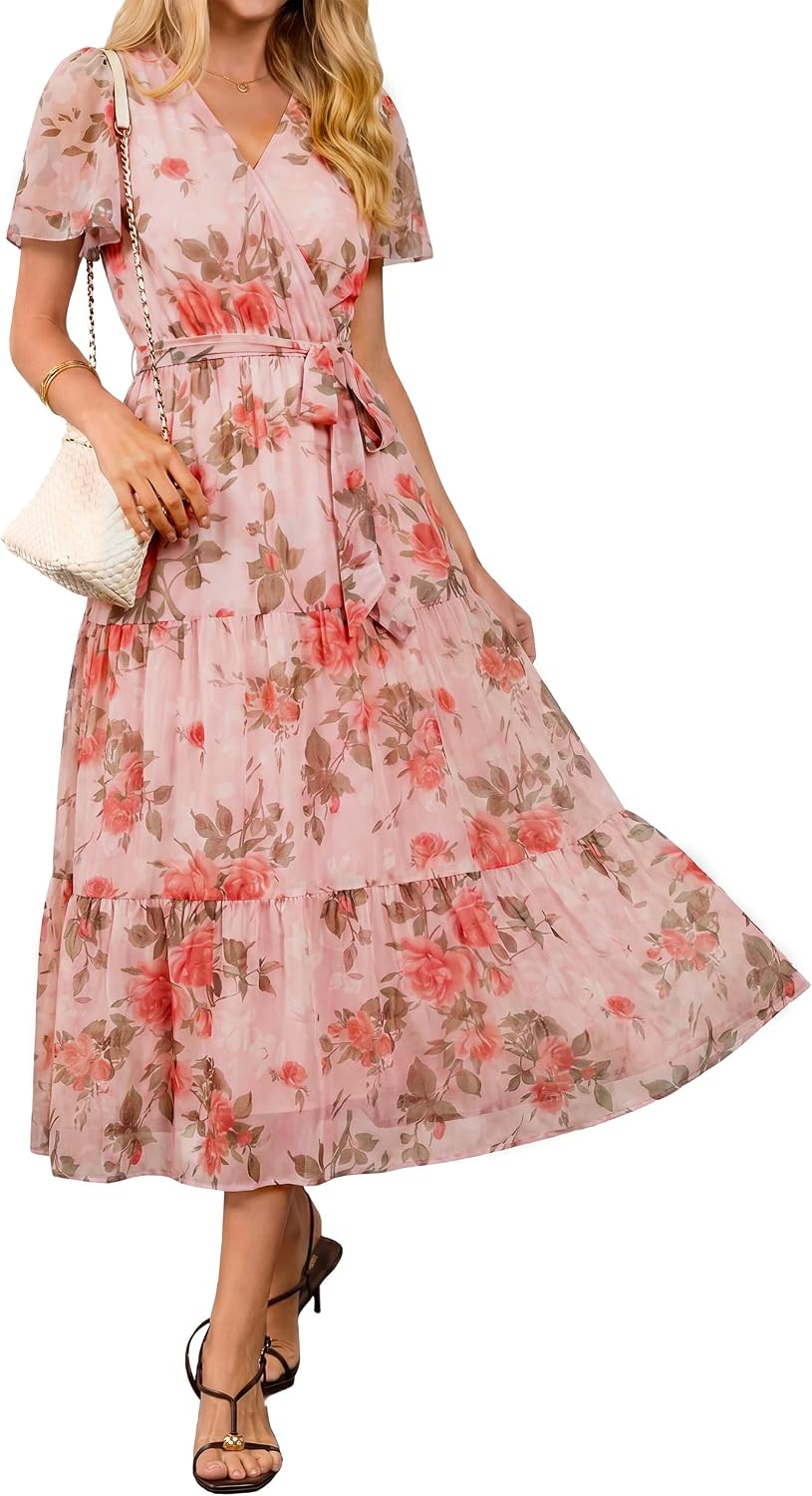 BerryGo Womens Summer Floral Maxi Dress Wedding Guest Casual Flowy Short Sleeve V Neck Boho Cocktail Dresses 2026