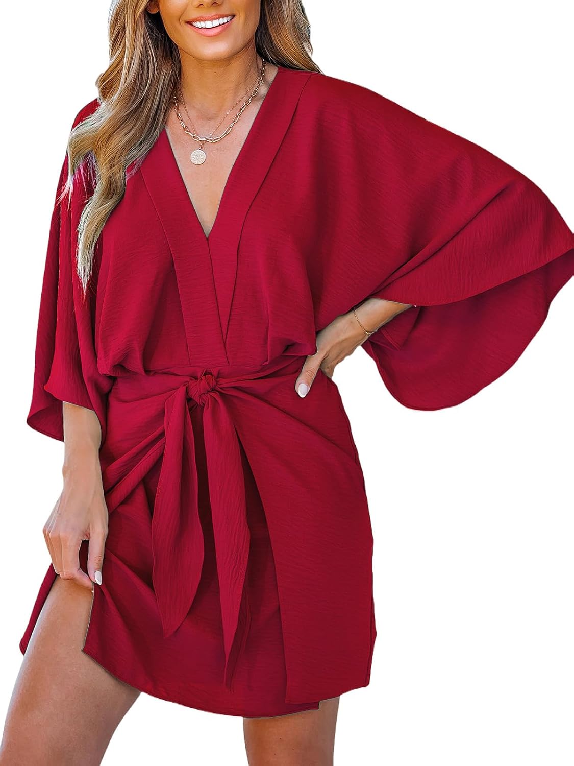 CUPSHE Women Summer Mini Dress V Neck Kimono Beachwear | Batwing Sleeve, Belted Flowy Loose Sundress, Vacation Resort Outfits, Casual Cover Up Dress, Holiday Trip, Fashion Clothes