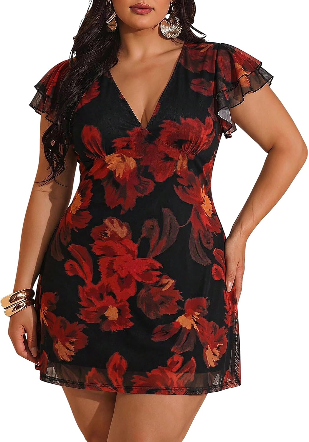 BEAUDRM Women's Plus Size Cocktail Floral Short Dress Wedding Guest Dresses | Deep V, Ruffle, Short Sleeve,Mesh, Bodycon, Date Night Dress, Party Going Out Dresses