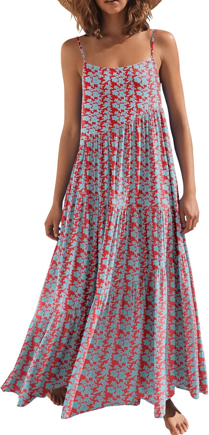 ANRABESS Women Summer Sleeveless Maxi Dress Flowy Boho Beach Sundress | Linen Like Fabric, Floral Casual Spaghetti Strap Long Dresses, A-Line Asymmetrical Tiered Loose Travel Vacation Outfits