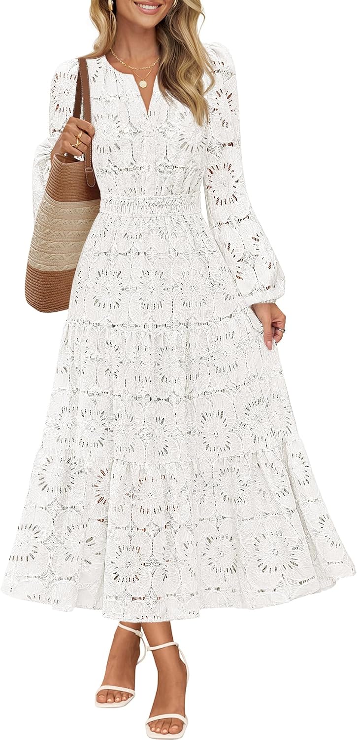 MEROKEETY Women's Fall Long Sleeve Eyelet Lace Floral Maxi Dress | Puff Sleeve, Notch V Neck, Hollow Out, Tiered Hem, Fall Wedding Guest Dress, A line, Pockets, Elastic Waist, Date Night Dress