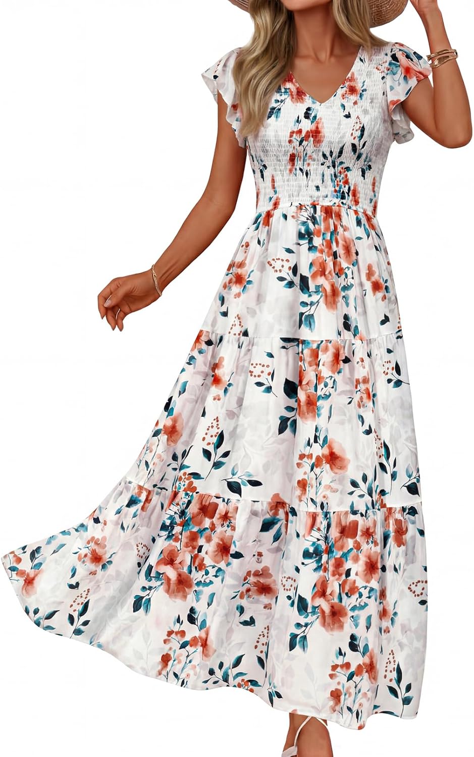 MEROKEETY Women's Summer 2026 Flutter Sleeve Smocked Casual Midi Dress | V Neck, Short Sleeve, A line, Flowy, Tiered, Ruffle, Beach Vacation Holiday Baby Shower Elegant Long Dresses