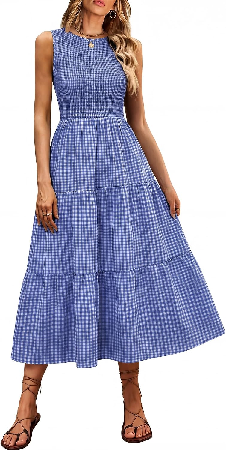 ANRABESS Womens Casual Summer Dress Gingham Smocked Midi Teacher Sundress | Plaid Sleeveless Crewneck Maxi Dresses with Pockets, Tiered Flowy A Line, Modest Checkered, Beach Vacation Outfits