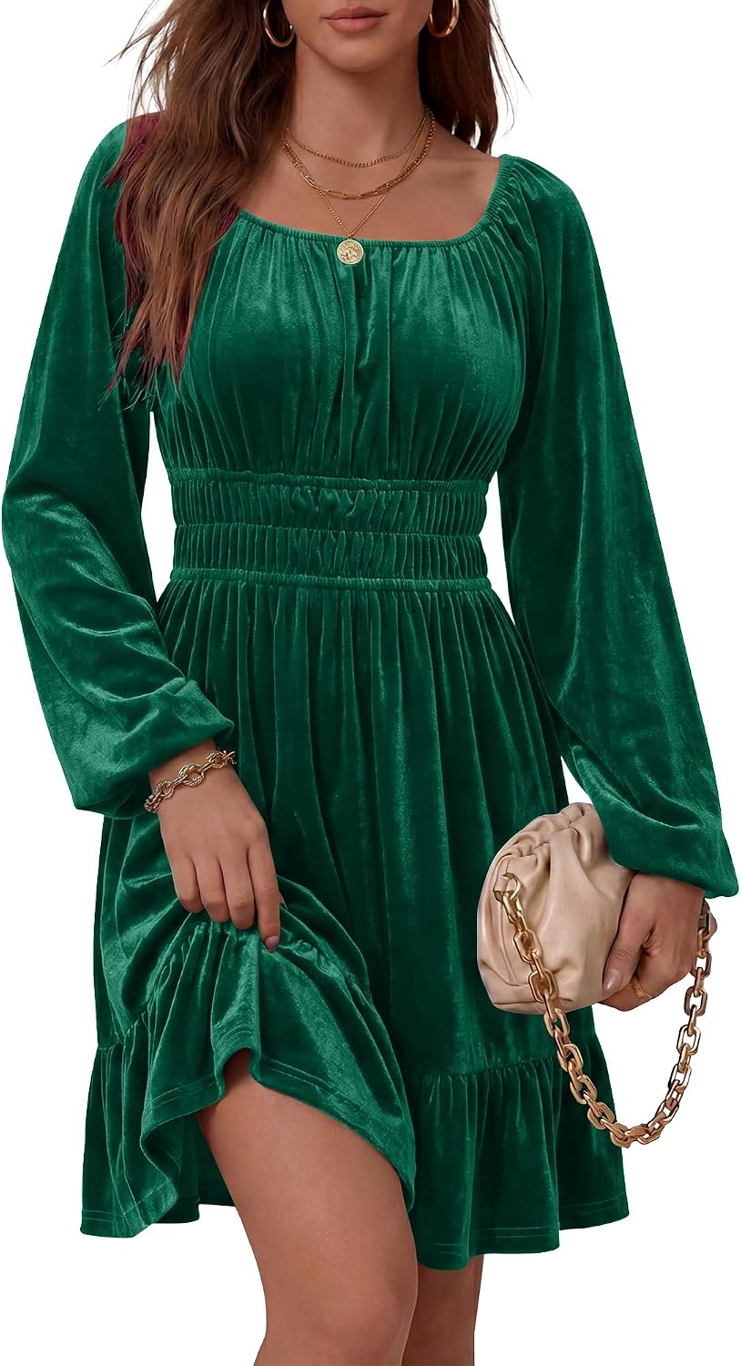 ANRABESS Women Long Lantern Sleeve Square Neck Fall Velvet Dress | Elastic Waist Ruffle Flowy Swing A-Line Short Mini Dresses Cocktail Formal Wedding Guest Holiday Party Winter Fashion Outfits