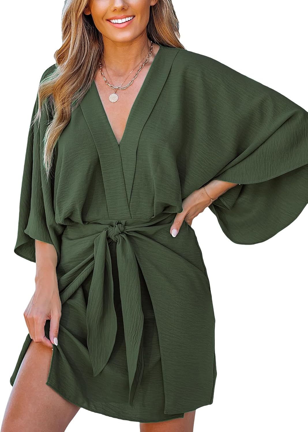 CUPSHE Women Summer Mini Dress V Neck Kimono Beachwear | Batwing Sleeve, Belted Flowy Loose Sundress, Vacation Resort Outfits, Casual Cover Up Dress, Holiday Trip, Fashion Clothes