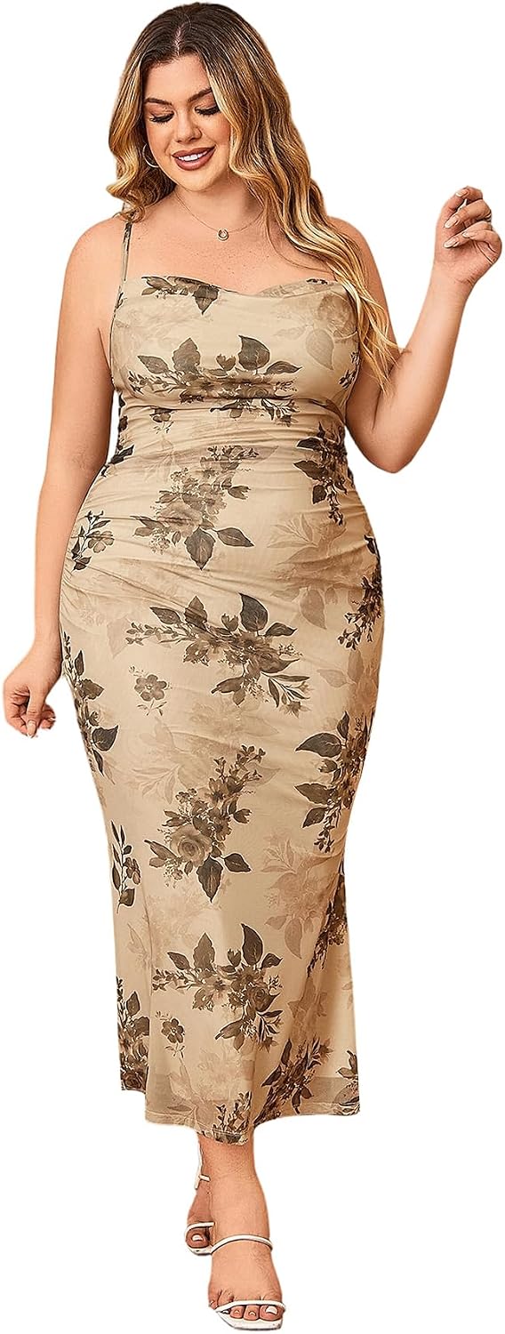 Floerns Women's Plus Size Vintage Graphic Mesh Long Birthday Goth Dresses | Spaghetti, Cowl Neck, Wedding Guest, Cocktail, Party, Y2k, Formal, Celestial Dress