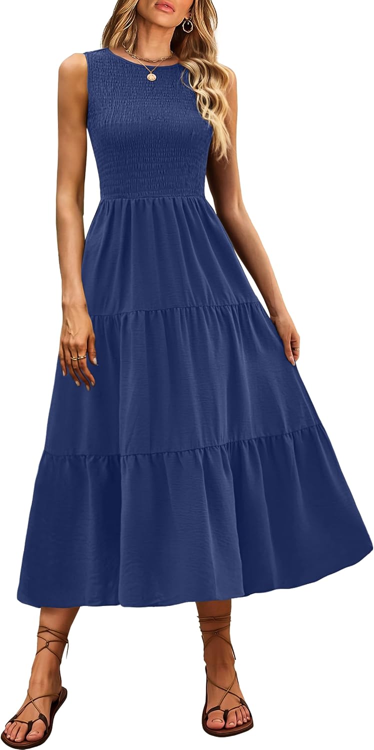 ANRABESS Womens Casual Summer Dress Gingham Smocked Midi Teacher Sundress | Plaid Sleeveless Crewneck Maxi Dresses with Pockets, Tiered Flowy A Line, Modest Checkered, Beach Vacation Outfits