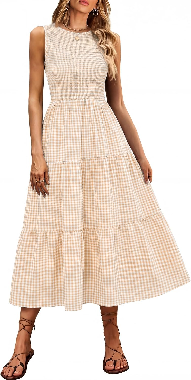 ANRABESS Womens Casual Summer Dress Gingham Smocked Midi Teacher Sundress | Plaid Sleeveless Crewneck Maxi Dresses with Pockets, Tiered Flowy A Line, Modest Checkered, Beach Vacation Outfits