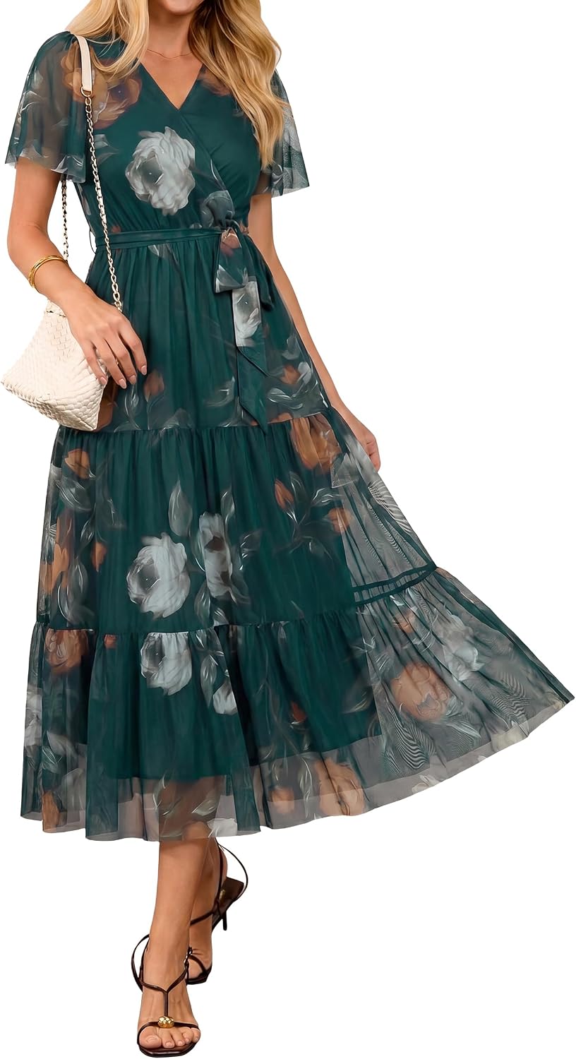 BerryGo Womens Summer Floral Maxi Dress Wedding Guest Casual Flowy Short Sleeve V Neck Boho Cocktail Dresses 2026