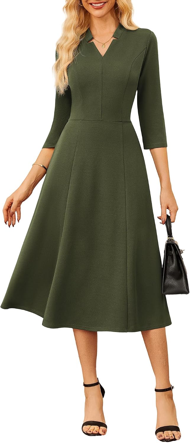 GRACE KARIN Women 3\/4 Sleeve Work Church Dress with Pocket | 2026 V Neck,Fit and Flare,A Line Midi Elegant Outfits for Office\/Funeral\/Business\/Cocktail\/Professional\/Spring\/Summer\/Fall