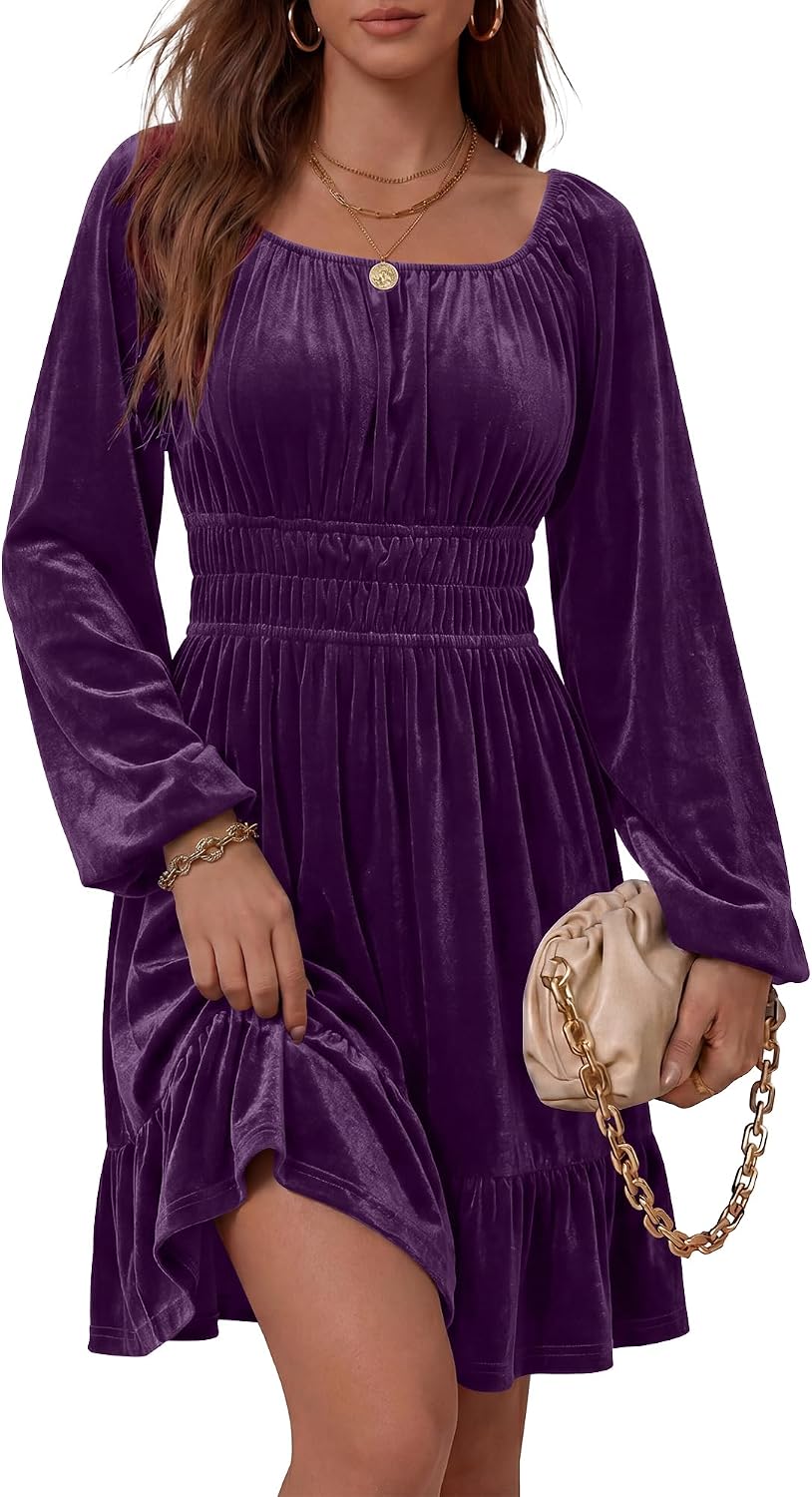 ANRABESS Women Long Lantern Sleeve Square Neck Fall Velvet Dress | Elastic Waist Ruffle Flowy Swing A-Line Short Mini Dresses Cocktail Formal Wedding Guest Holiday Party Winter Fashion Outfits