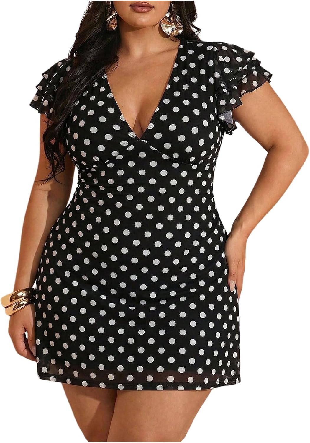 BEAUDRM Women's Plus Size Cocktail Floral Short Dress Wedding Guest Dresses | Deep V, Ruffle, Short Sleeve,Mesh, Bodycon, Date Night Dress, Party Going Out Dresses