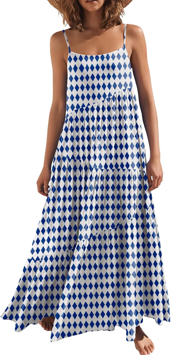 ANRABESS Women Summer Sleeveless Maxi Dress Flowy Boho Beach Sundress | Linen Like Fabric, Floral Casual Spaghetti Strap Long Dresses, A-Line Asymmetrical Tiered Loose Travel Vacation Outfits