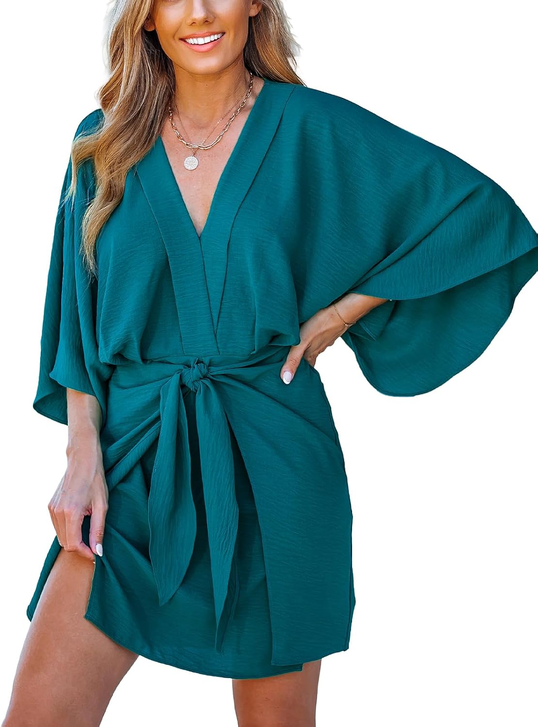 CUPSHE Women Summer Mini Dress V Neck Kimono Beachwear | Batwing Sleeve, Belted Flowy Loose Sundress, Vacation Resort Outfits, Casual Cover Up Dress, Holiday Trip, Fashion Clothes