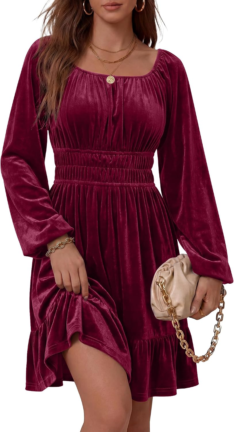 ANRABESS Women Long Lantern Sleeve Square Neck Fall Velvet Dress | Elastic Waist Ruffle Flowy Swing A-Line Short Mini Dresses Cocktail Formal Wedding Guest Holiday Party Winter Fashion Outfits