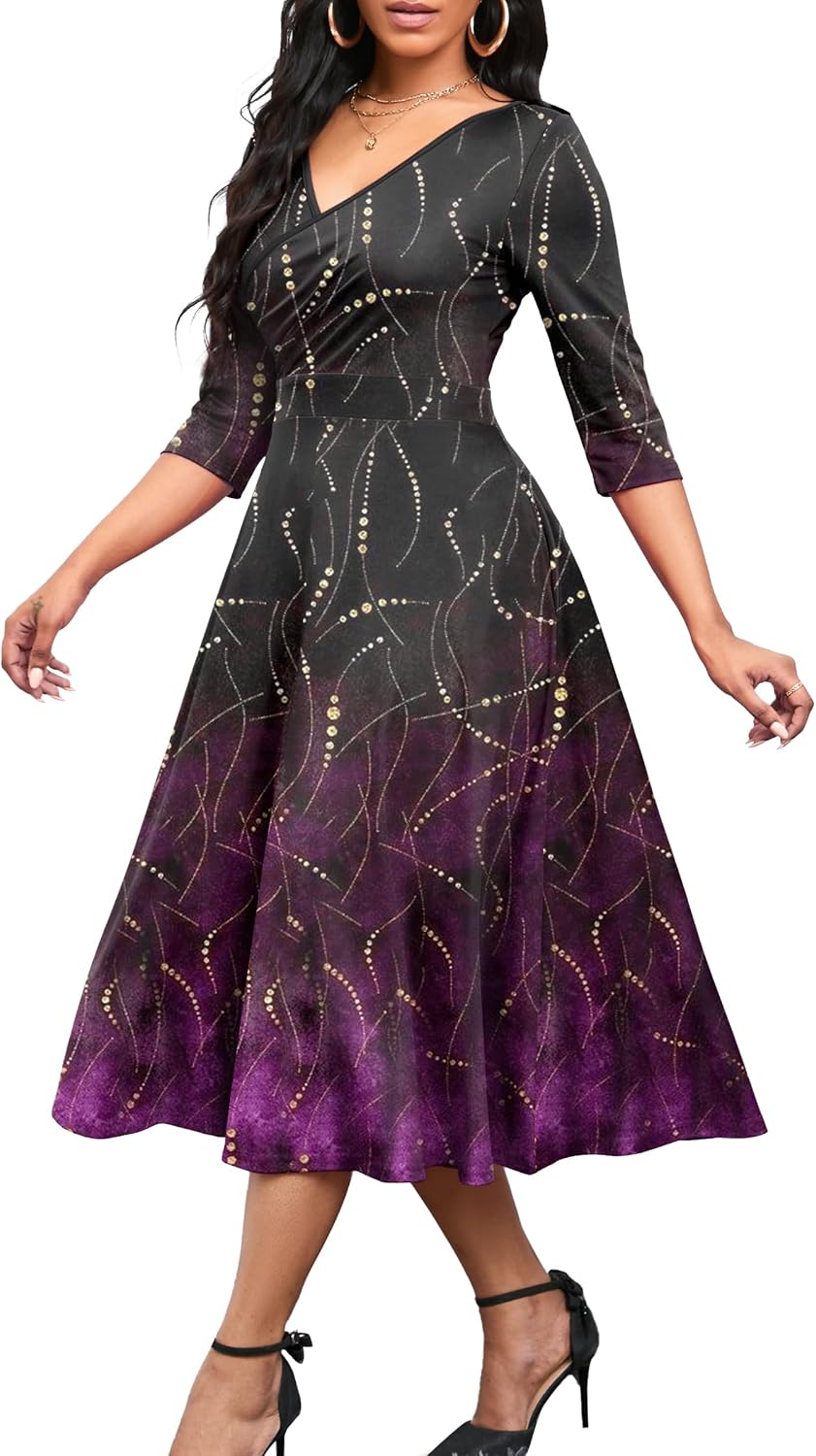 Nmoder Womens Midi Dress 3\/4 Sleeve V Neck Cocktail Dress with Pockets | Empire waist fit and flare wedding guest tea party church dress\/ a line semi formal elegant wrap dress for business work