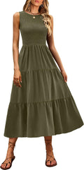 ANRABESS Womens Casual Summer Dress Gingham Smocked Midi Teacher Sundress | Plaid Sleeveless Crewneck Maxi Dresses with Pockets, Tiered Flowy A Line, Modest Checkered, Beach Vacation Outfits