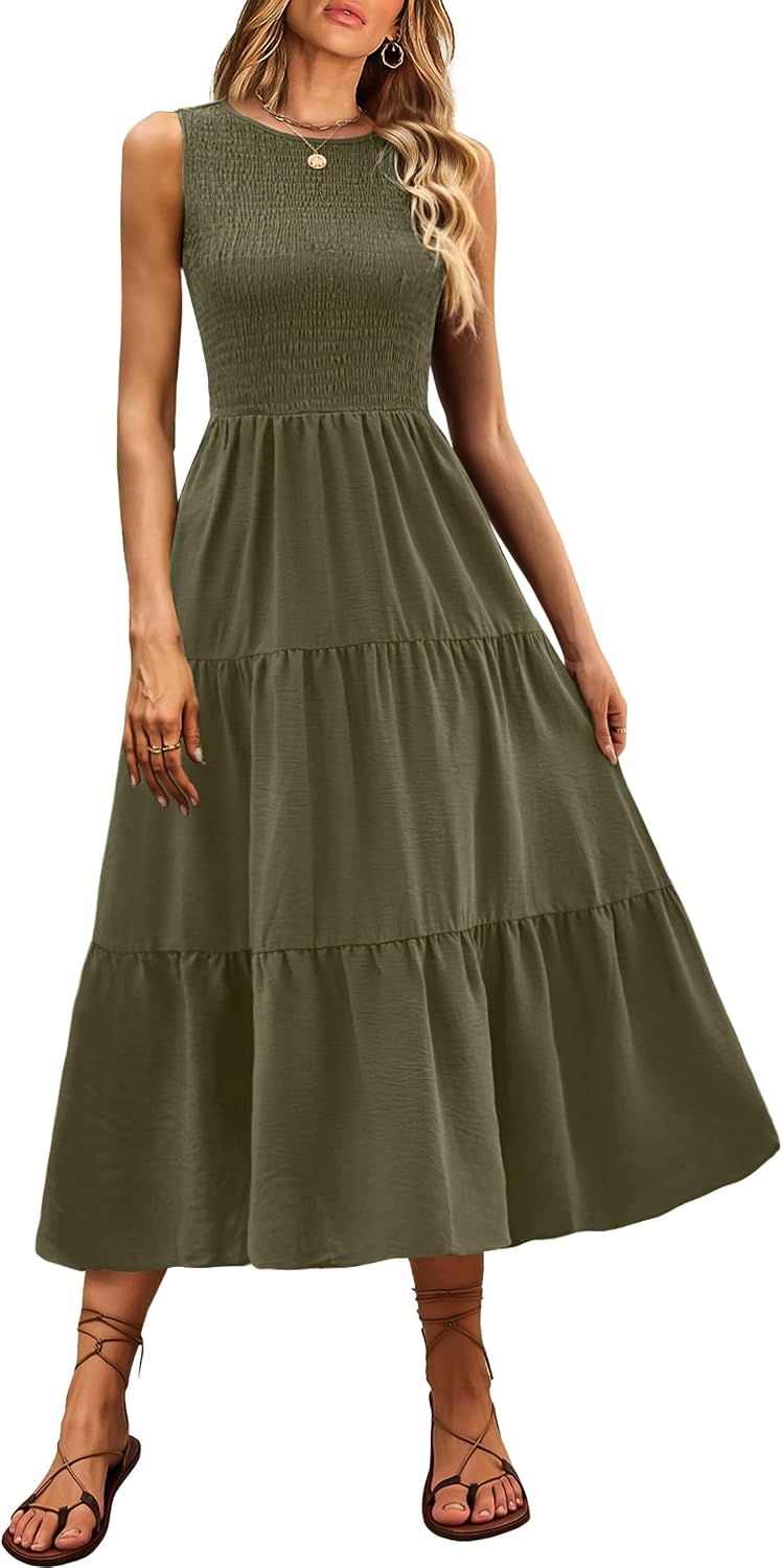 ANRABESS Womens Casual Summer Dress Gingham Smocked Midi Teacher Sundress | Plaid Sleeveless Crewneck Maxi Dresses with Pockets, Tiered Flowy A Line, Modest Checkered, Beach Vacation Outfits