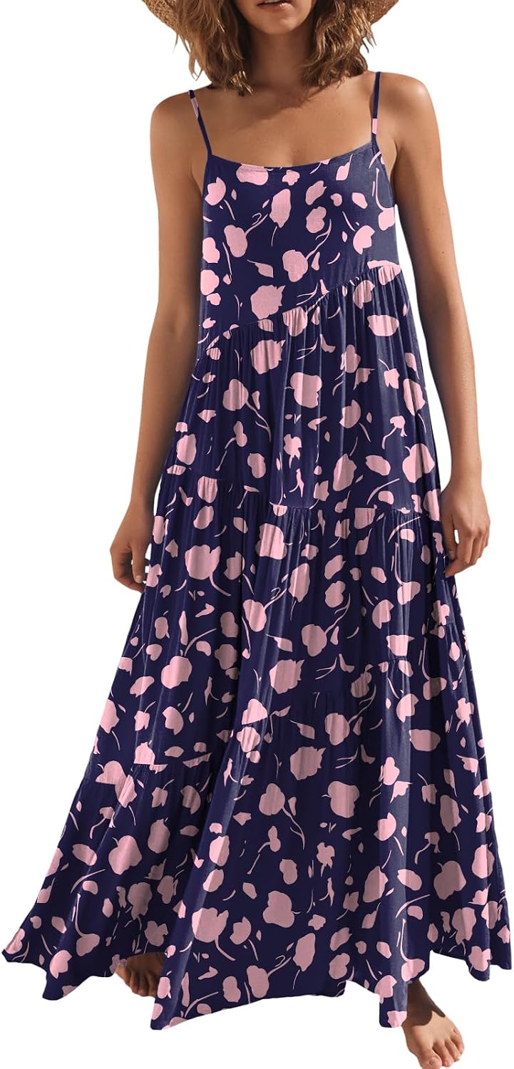 ANRABESS Women Summer Sleeveless Maxi Dress Flowy Boho Beach Sundress | Linen Like Fabric, Floral Casual Spaghetti Strap Long Dresses, A-Line Asymmetrical Tiered Loose Travel Vacation Outfits