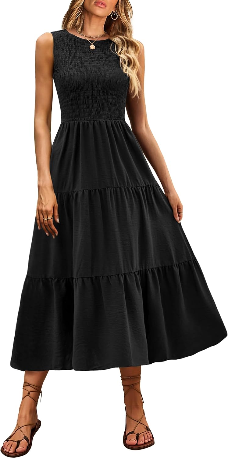 ANRABESS Womens Casual Summer Dress Gingham Smocked Midi Teacher Sundress | Plaid Sleeveless Crewneck Maxi Dresses with Pockets, Tiered Flowy A Line, Modest Checkered, Beach Vacation Outfits