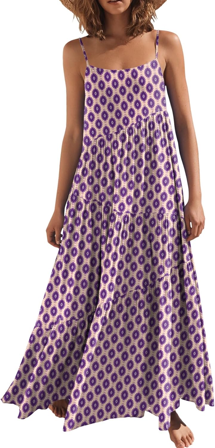 ANRABESS Women Summer Sleeveless Maxi Dress Flowy Boho Beach Sundress | Linen Like Fabric, Floral Casual Spaghetti Strap Long Dresses, A-Line Asymmetrical Tiered Loose Travel Vacation Outfits