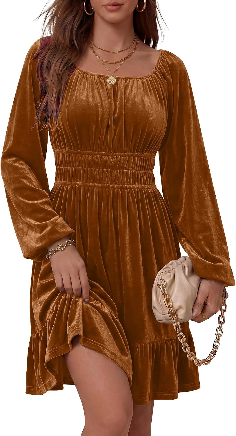 ANRABESS Women Long Lantern Sleeve Square Neck Fall Velvet Dress | Elastic Waist Ruffle Flowy Swing A-Line Short Mini Dresses Cocktail Formal Wedding Guest Holiday Party Winter Fashion Outfits