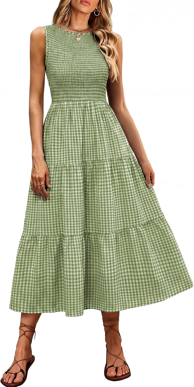 ANRABESS Womens Casual Summer Dress Gingham Smocked Midi Teacher Sundress | Plaid Sleeveless Crewneck Maxi Dresses with Pockets, Tiered Flowy A Line, Modest Checkered, Beach Vacation Outfits
