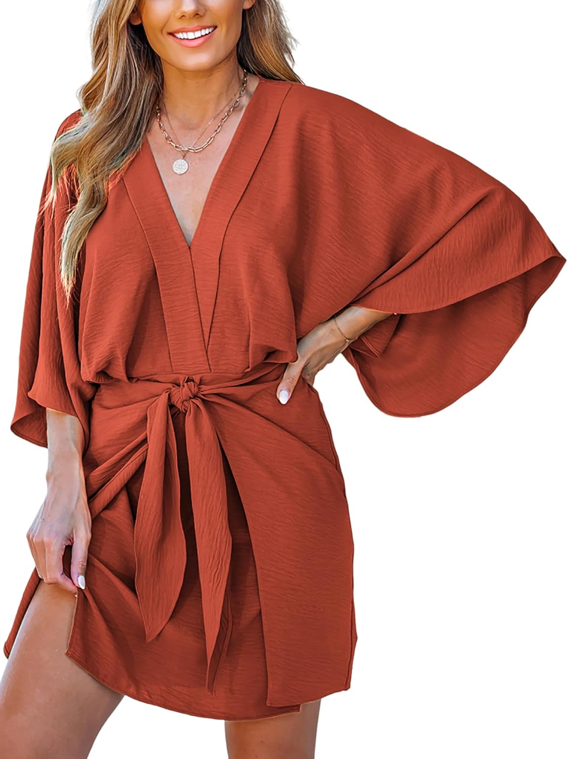 CUPSHE Women Summer Mini Dress V Neck Kimono Beachwear | Batwing Sleeve, Belted Flowy Loose Sundress, Vacation Resort Outfits, Casual Cover Up Dress, Holiday Trip, Fashion Clothes