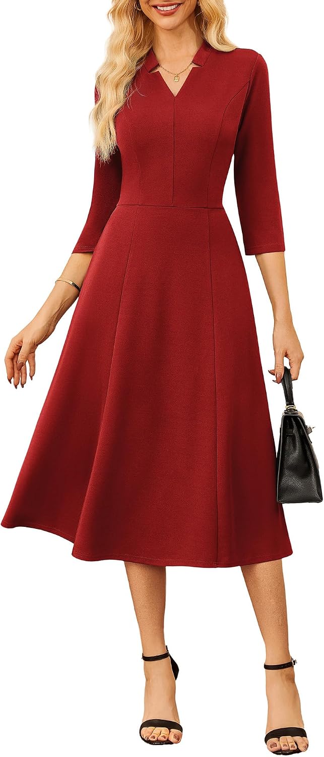 GRACE KARIN Women 3\/4 Sleeve Work Church Dress with Pocket | 2026 V Neck,Fit and Flare,A Line Midi Elegant Outfits for Office\/Funeral\/Business\/Cocktail\/Professional\/Spring\/Summer\/Fall