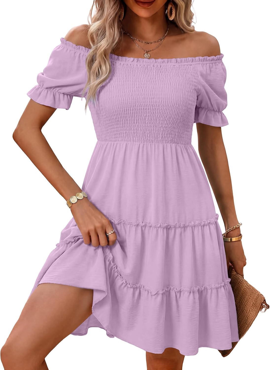 AUMORA Women's Summer Off Shoulder Dress Flowy Short Mini Dress | Square Neck Puff Sleeve A-Line Dress,Bohemian Beach Vacation Casual Dresses,Graduation Wedding Guest Sundresses