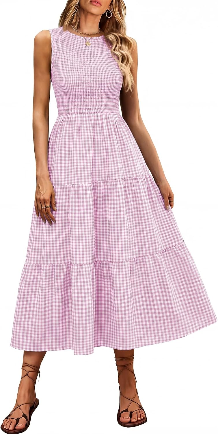ANRABESS Womens Casual Summer Dress Gingham Smocked Midi Teacher Sundress | Plaid Sleeveless Crewneck Maxi Dresses with Pockets, Tiered Flowy A Line, Modest Checkered, Beach Vacation Outfits