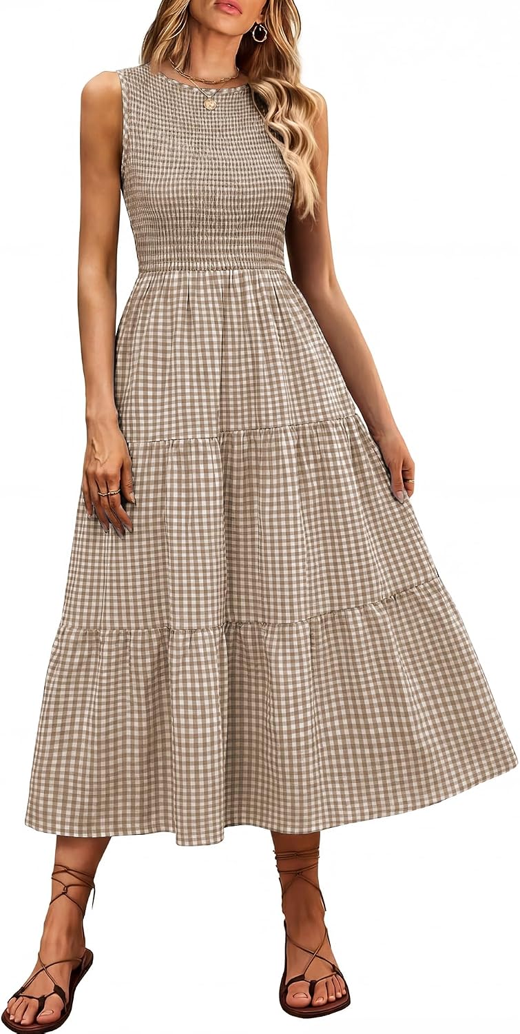 ANRABESS Womens Casual Summer Dress Gingham Smocked Midi Teacher Sundress | Plaid Sleeveless Crewneck Maxi Dresses with Pockets, Tiered Flowy A Line, Modest Checkered, Beach Vacation Outfits