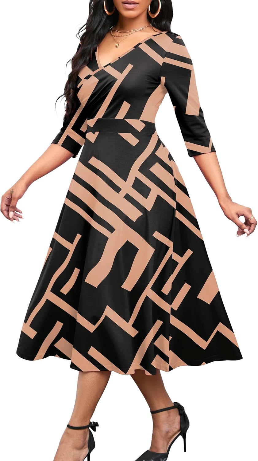 Nmoder Womens Midi Dress 3\/4 Sleeve V Neck Cocktail Dress with Pockets | Empire waist fit and flare wedding guest tea party church dress\/ a line semi formal elegant wrap dress for business work