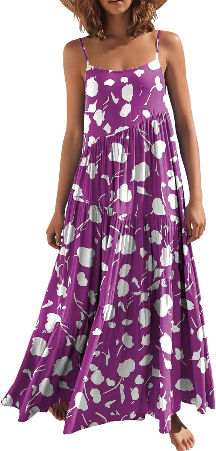 ANRABESS Women Summer Sleeveless Maxi Dress Flowy Boho Beach Sundress | Linen Like Fabric, Floral Casual Spaghetti Strap Long Dresses, A-Line Asymmetrical Tiered Loose Travel Vacation Outfits