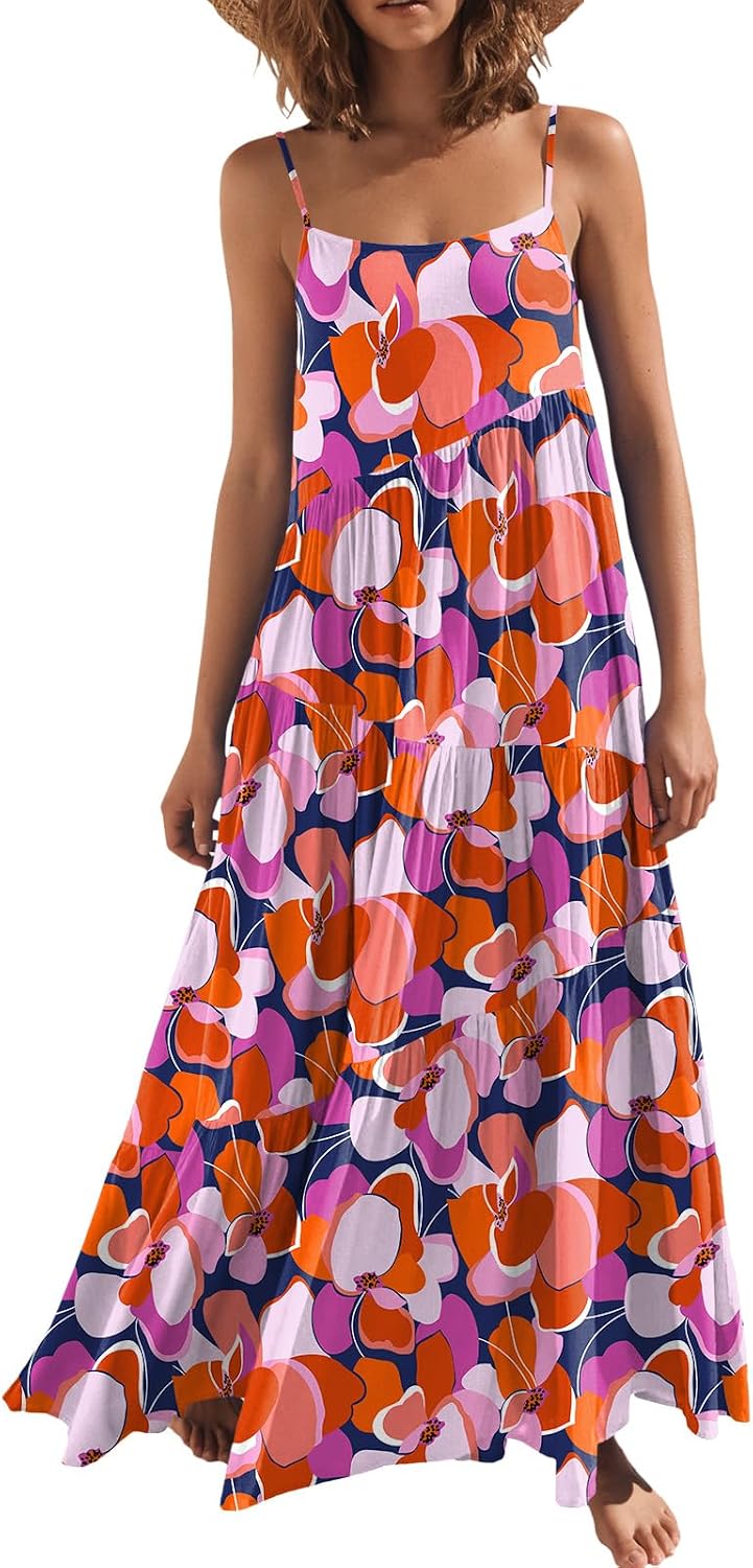ANRABESS Women Summer Sleeveless Maxi Dress Flowy Boho Beach Sundress | Linen Like Fabric, Floral Casual Spaghetti Strap Long Dresses, A-Line Asymmetrical Tiered Loose Travel Vacation Outfits