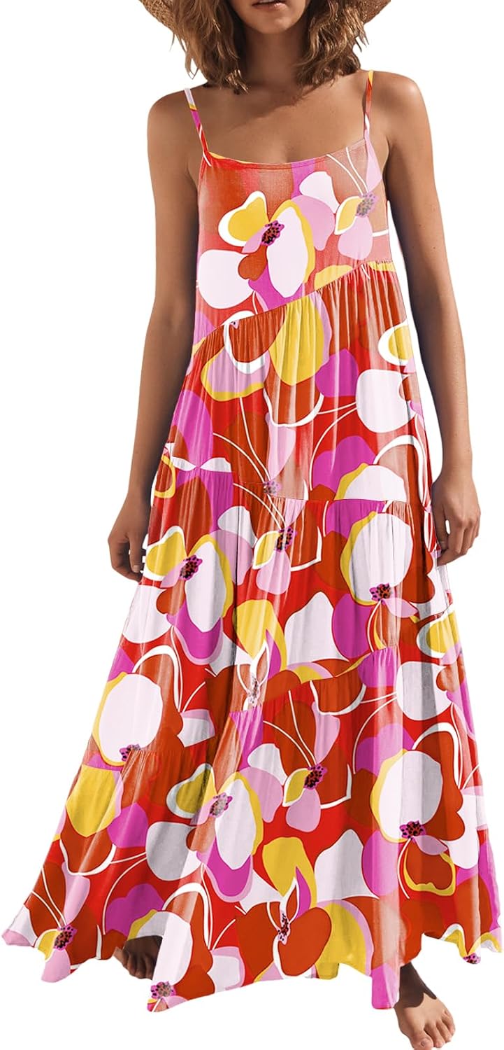 ANRABESS Women Summer Sleeveless Maxi Dress Flowy Boho Beach Sundress | Linen Like Fabric, Floral Casual Spaghetti Strap Long Dresses, A-Line Asymmetrical Tiered Loose Travel Vacation Outfits