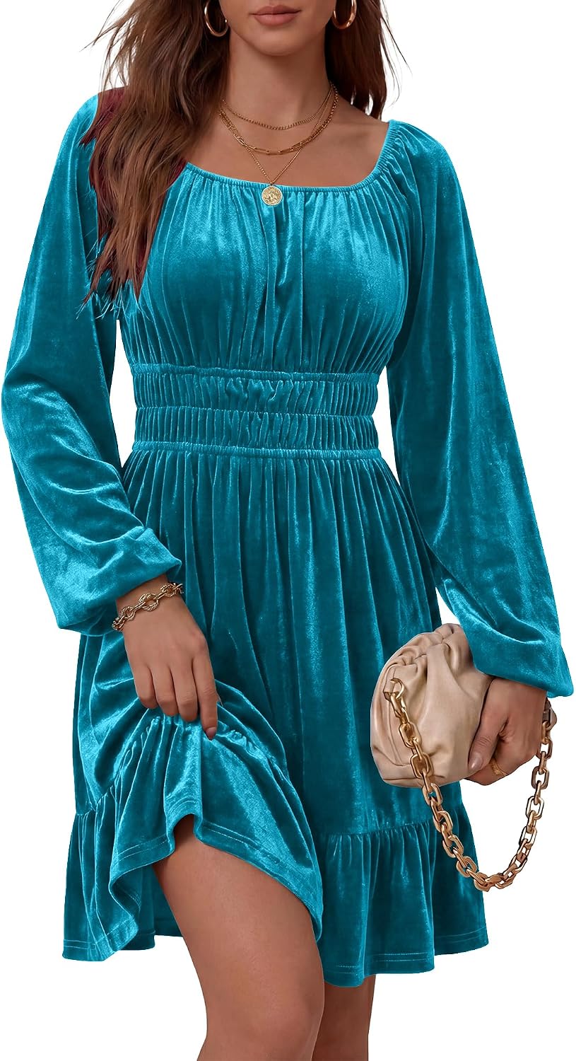 ANRABESS Women Long Lantern Sleeve Square Neck Fall Velvet Dress | Elastic Waist Ruffle Flowy Swing A-Line Short Mini Dresses Cocktail Formal Wedding Guest Holiday Party Winter Fashion Outfits