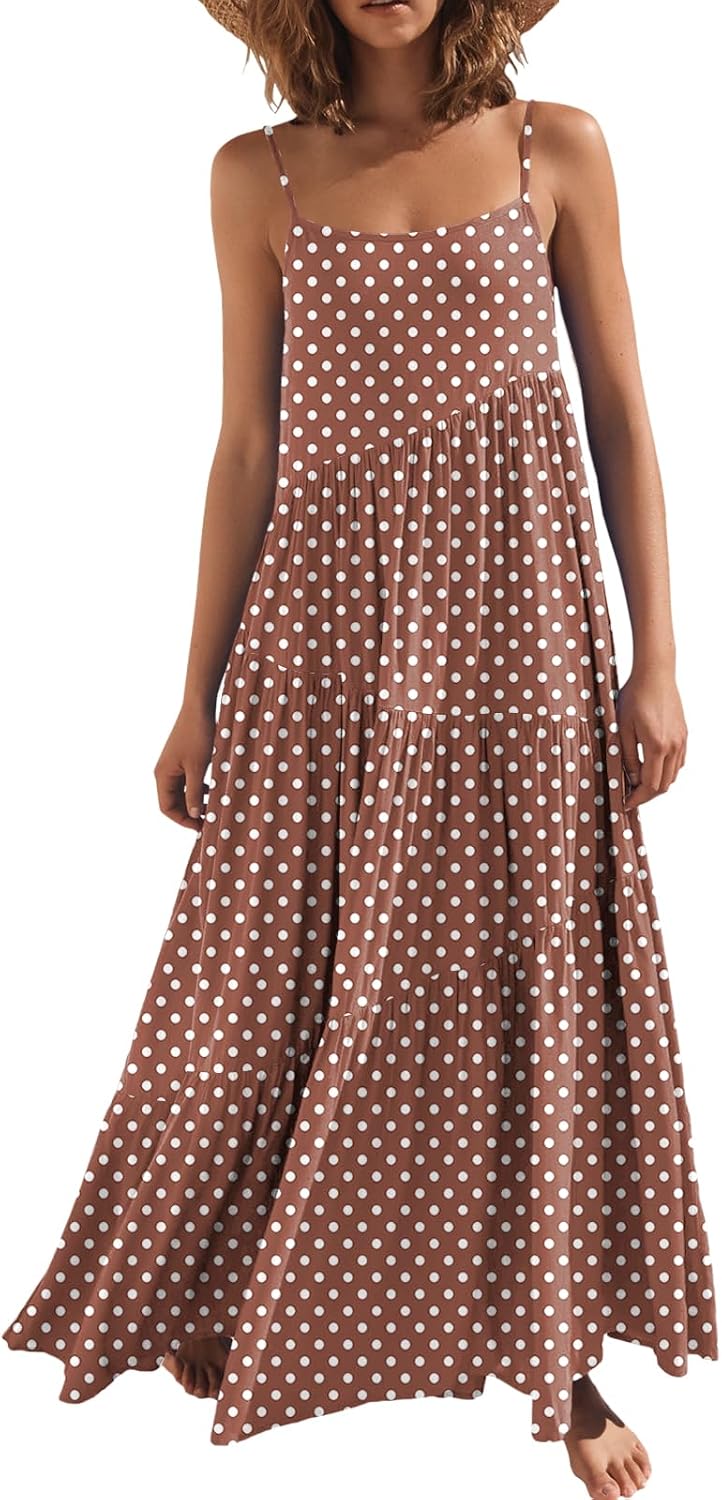 ANRABESS Women Summer Sleeveless Maxi Dress Flowy Boho Beach Sundress | Linen Like Fabric, Floral Casual Spaghetti Strap Long Dresses, A-Line Asymmetrical Tiered Loose Travel Vacation Outfits